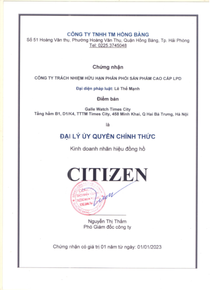  Chứng nhận đại lý ủy quyền chính thức thương hiệu Citizen tại Việt Nam