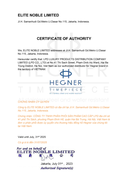 Chứng nhận đại lý ủy quyền chính thức thương hiệu Hegner tại Việt Nam