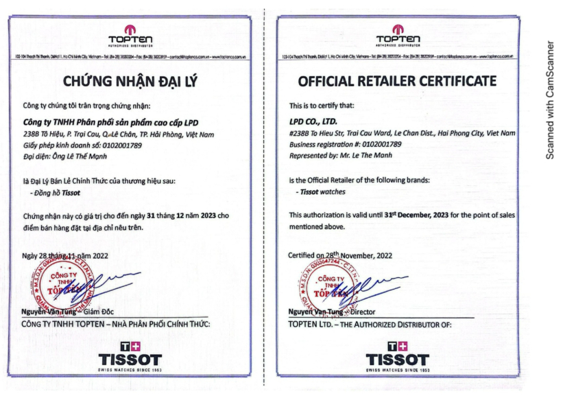 Chứng nhận đại lý ủy quyền chính thức thương hiệu Tissot tại Việt Nam