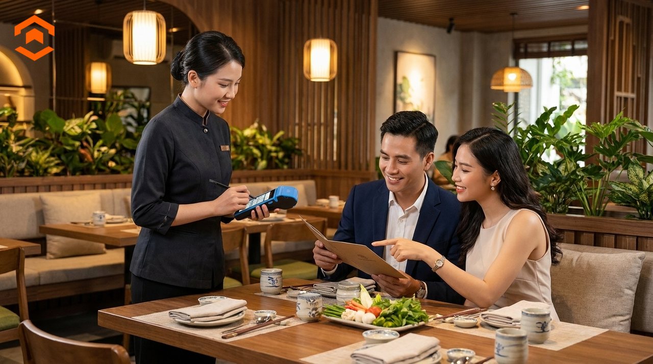 Nhân viên phục vụ ghi món ngay tại bàn trên máy Mini POS, khách chọn món trên thực đơn