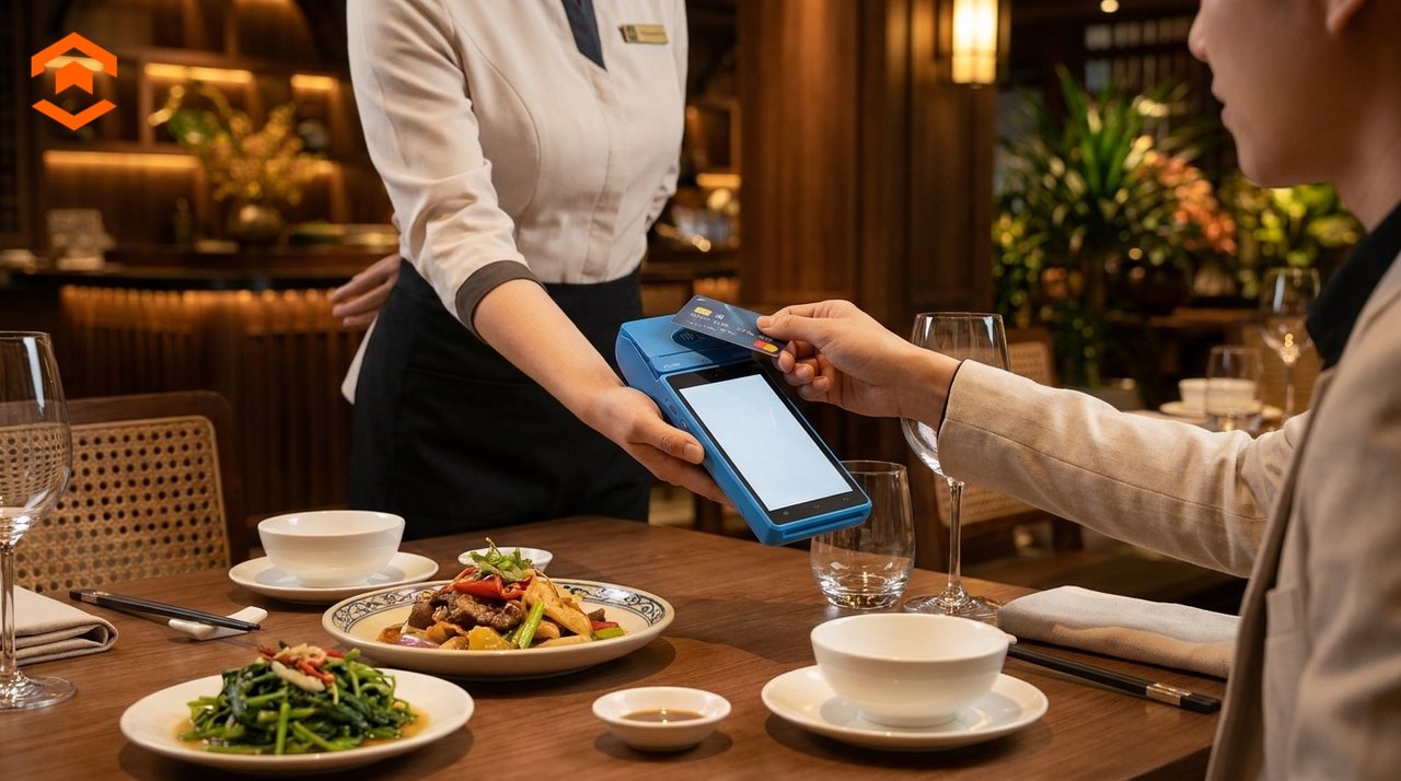 Khách chạm thẻ thanh toán ngay tại bàn trên máy Mini POS do nhân viên cầm