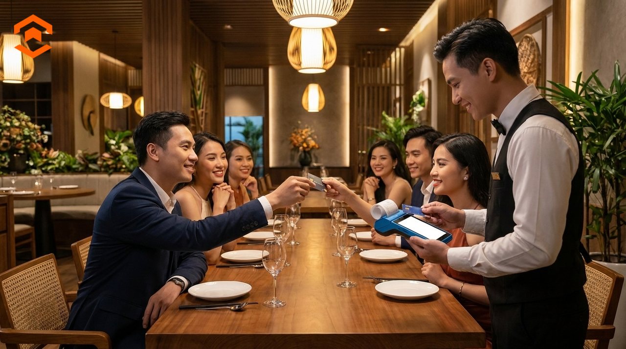 Nhóm khách chia hóa đơn và thanh toán ngay tại bàn trên máy Mini POS