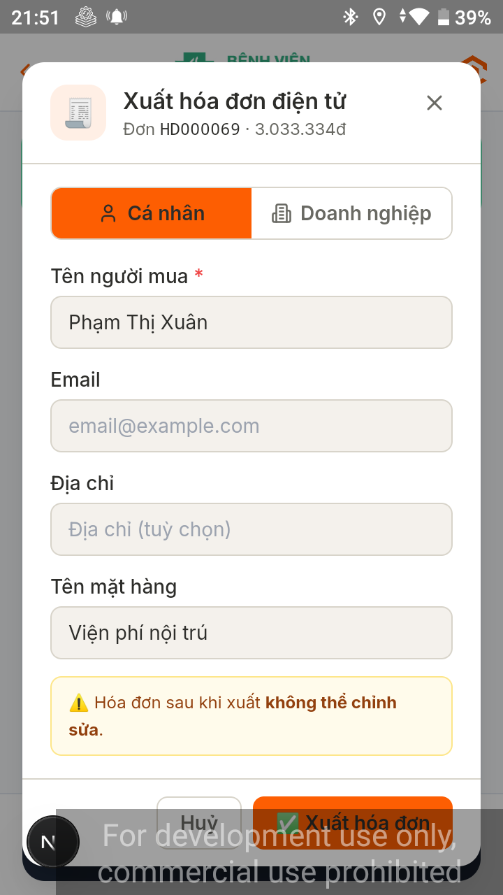Màn hình xuất hóa đơn điện tử ngay sau khi thu viện phí thành công